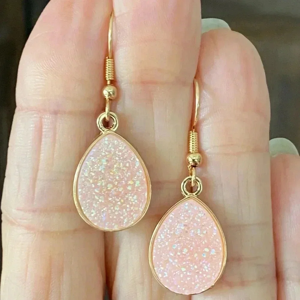 Light Baby Pink Faux Druzy Gold Drop Hook Earrings NWT